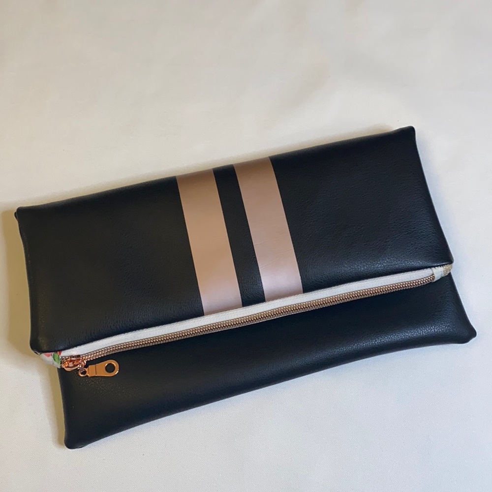 Handmade vegan leather clutch w/ rose gold stripe